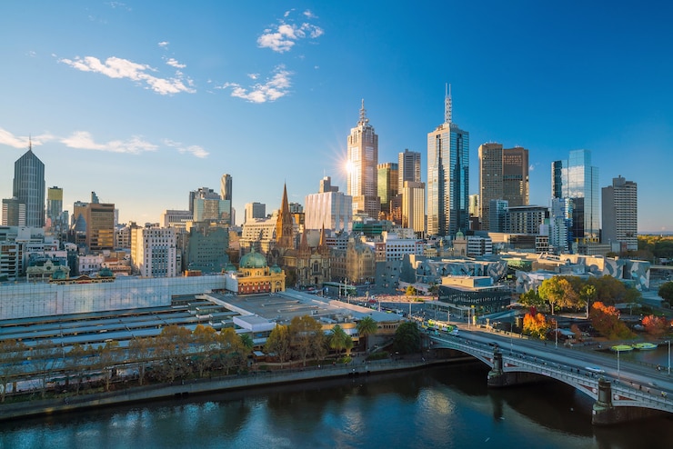 Photo melbourne city skyline in australia with blue sky