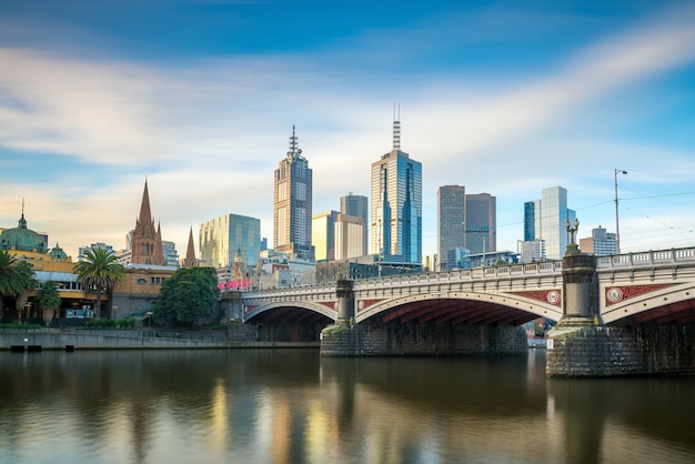 Melbourne city skyline in Australia with blue sky