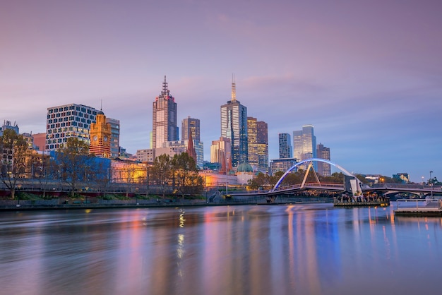 Melbourne city skyline at twilight in Australia