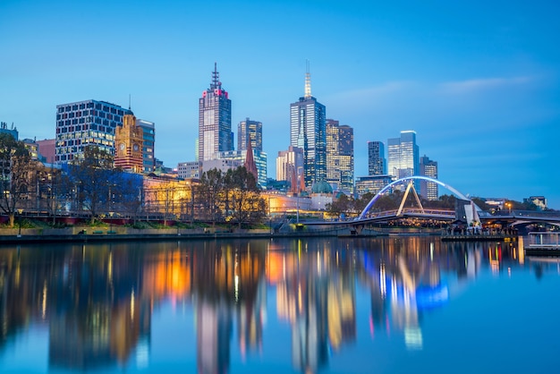 Melbourne city skyline at twilight in Australia