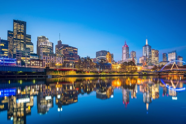 Melbourne city skyline at twilight in australia