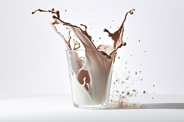 Melk en chocolademelk morsen uit een glas tegen een zuiver witte achtergrond