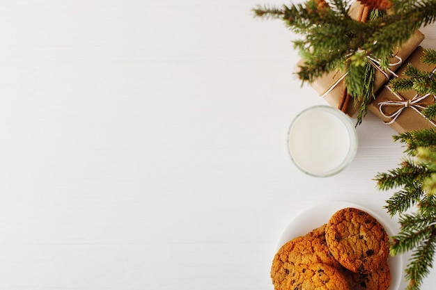 Melk en koekjes voor de kerstman onder de kerstboom