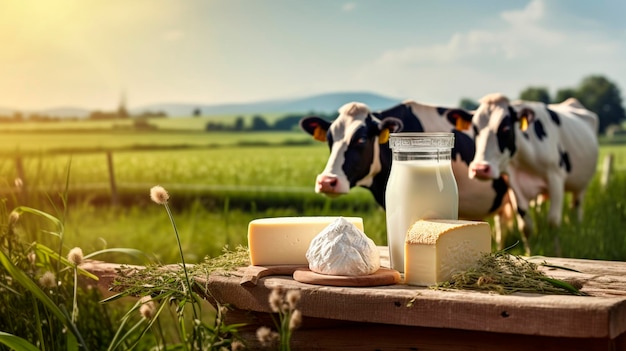 Melk en zuivelproducten tegen de achtergrond van een weide met graaiende koeien Generatieve AI Natuur