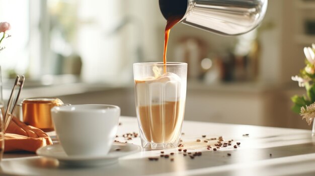 Foto melk in een glas gieten met een warme koffiedrank met pompoen specerij of kaneel geslagen melk schuim