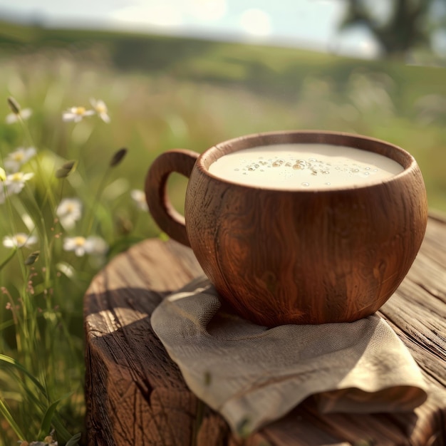 Melk in een houten beker op een houten tafel in een weide