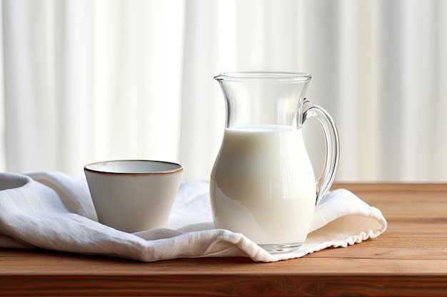 Melk in glas en kruik servet op houten tafel witte achtergrond