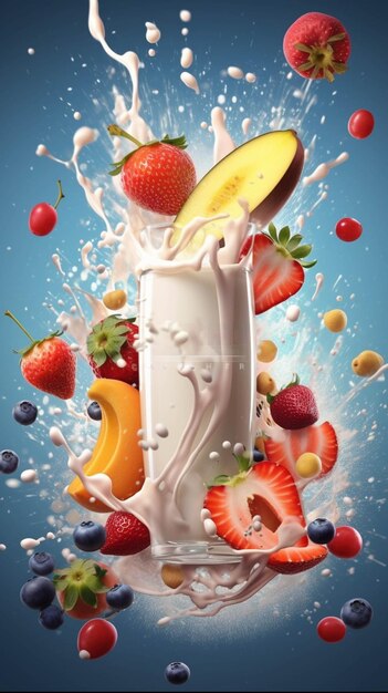 Melk plons met fruit en bessen op blauwe achtergrond 3d illustratie