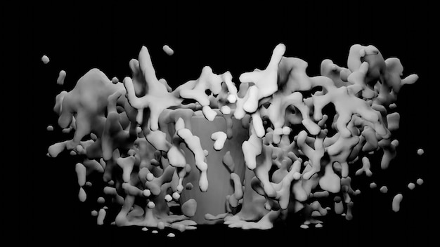 Melk spat uit een kopje met donkere achtergrond 3D-rendering