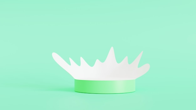 Melk spatten in het podium lichtgroen geïsoleerd op groene achtergrond, 3d render illustratie