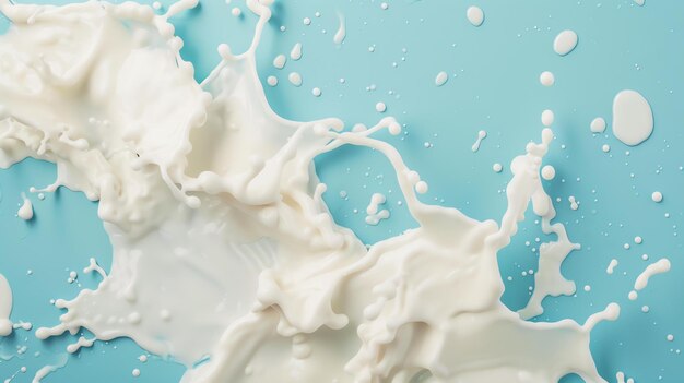 Melk spetter op blauwe achtergrond Abstracte voedselfotografie
