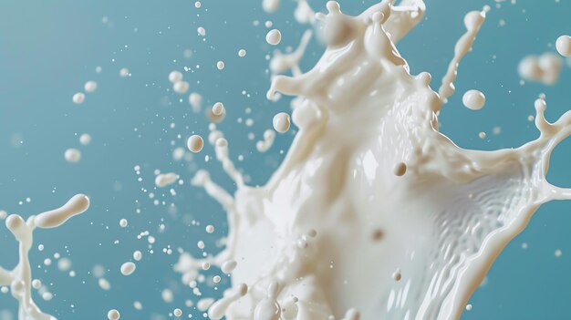 Melk Splash Melk spettert uit een glas De melk is wit en romig en de achtergrond is blauw
