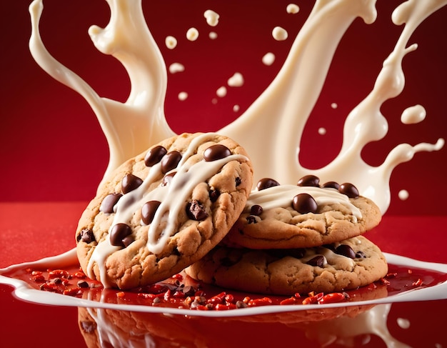 melk splash met ondergedompelde Amerikaanse koekjes melk chili chocolade chip cookie