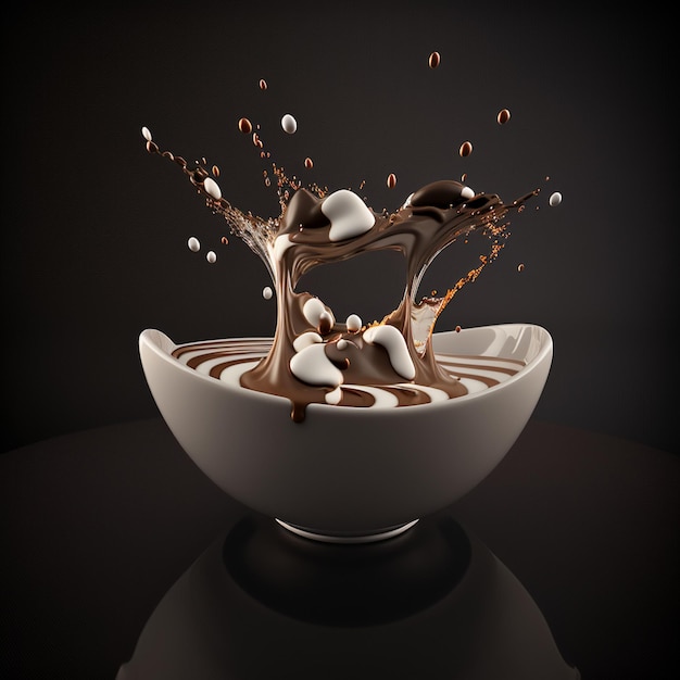 Melkchocolade milkshake koffie cacao splash Warme chocolademelk met melkwerveling die in de kom giet en spettert