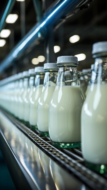Melkflessen glijden over de transportband in de bruisende zuivelfabriek Vertical Mobile Wallpaper
