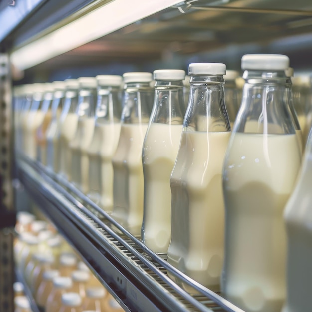 Melkflessen naast elkaar gestapeld op een plank in een winkel