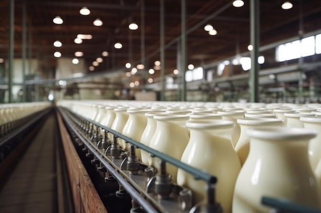 Foto melkflessen op een transportband in een moderne zuivelfabriek