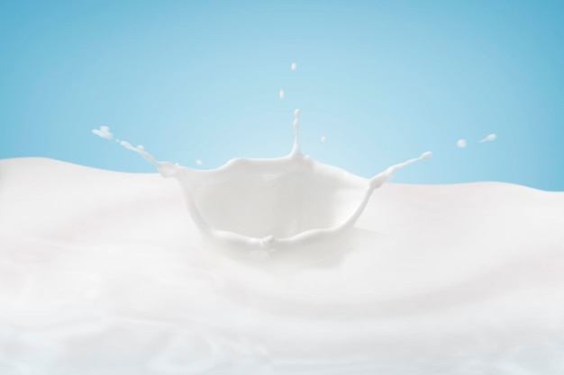 Melkkroon spetteren spetteren in melk zwembad met blauwe achtergrond