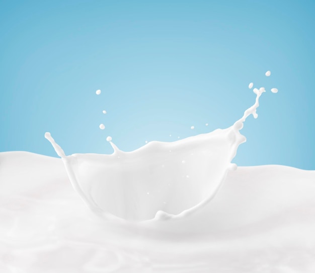 Melkkroon spetteren spetteren in melk zwembad met blauwe achtergrond