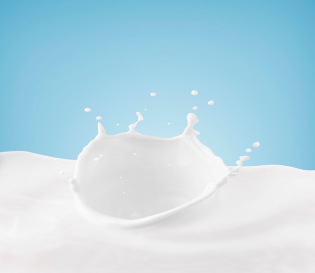 Melkkroon spetteren spetteren in melk zwembad met blauwe achtergrond