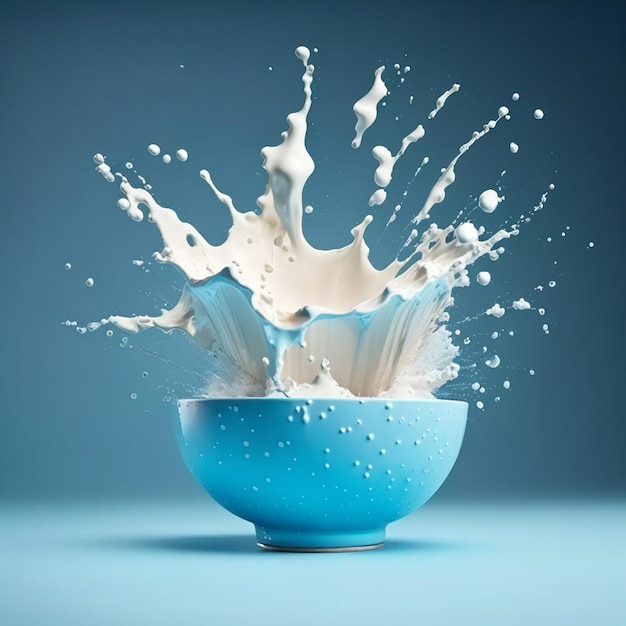 Melkplons Verse melk werveling gieten en spetteren in blauwe kom