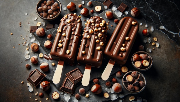 Melkschokolade popsicles met hazelnoten in de vorm van ijsjes