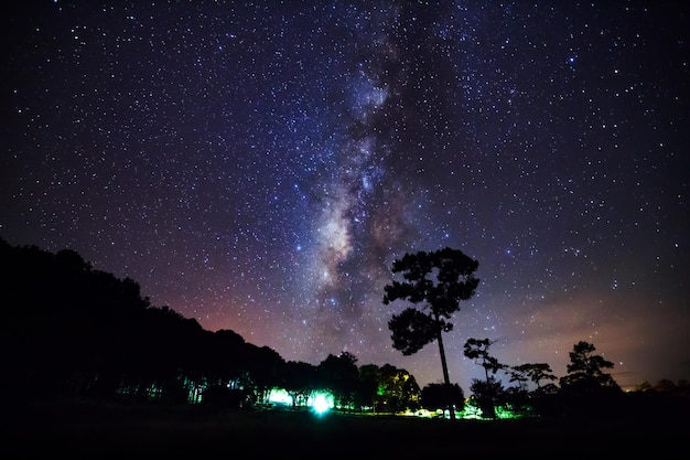 Melkweg in Phu Hin Rong Kla National ParkPhitsanulok ThailandLange belichtingsfoto met korrel