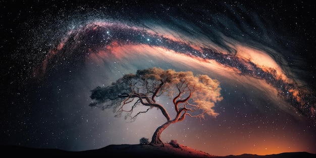 Melkweg met alleen oude kromme boom op de heuvel Kleurrijk nachtlandschap met heldere Melkweg-sterrenhemel en boom in de zomer Ruimteachtergrond Verbazingwekkende astrofotografie Mooi universum Reizen