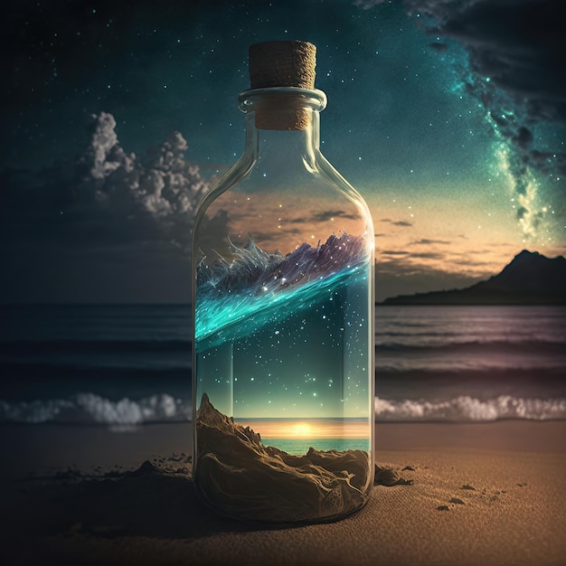 Melkweg ruimte nevel in een glazen fles op de oceaan zandgolf grot magische fantasie