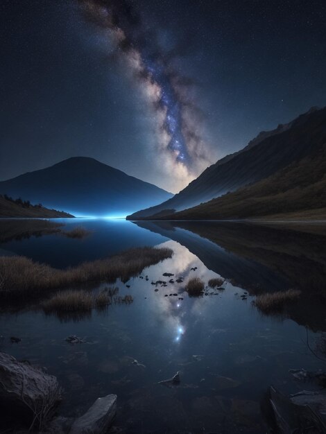 Melkweg stijgt boven Arnisee Bezienswaardigheden in Zwitserland Nachtlandschap aan een meer met prachtige reflectie