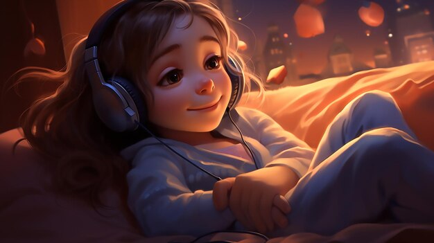 Photo melodic bliss cute girl listening to music with headphones at night