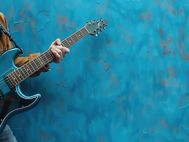 Foto melodic blues een geknipt beeld van een muzikant die een elektrische gitaar vasthoudt met een focus op de handen en het instrument tegen een gestructureerde blauwe achtergrond die de geest van muziek en uitvoering vasthoudt