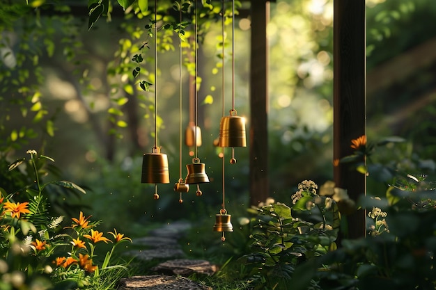 静かな庭園の風の鐘のメロディックな鳴き声