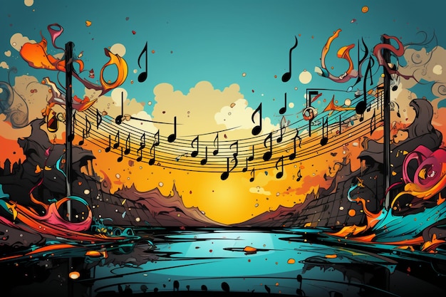 Melodic comic backdrop Full color background with musical note concept in vector