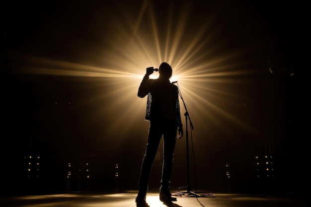 Фото Мелодичные тени завораживают силуэт певца, держащего микрофон на сцене