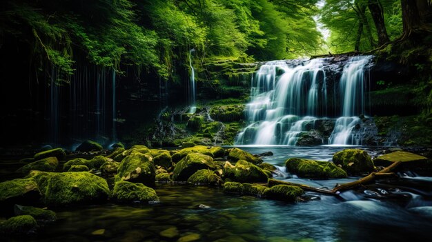 A melodic waterfall framed by green forests and rocky shores