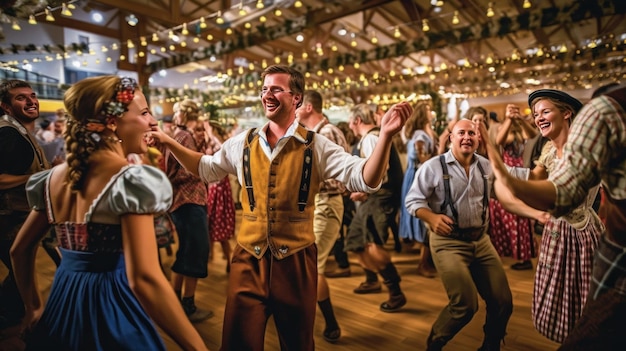 Melodieën en vrolijkheid Ondergedompeld in de feestelijke sfeer van het Oktoberfest De vrolijke dansvloer vastleggen terwijl feestvierders traditie omarmen Muziek en onvergetelijke momenten generatieve ai