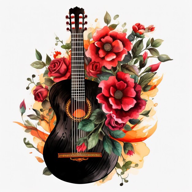 Photo melodies in scarlet crafting a watercolor spanish guitar adorned with black and red roses and clipa