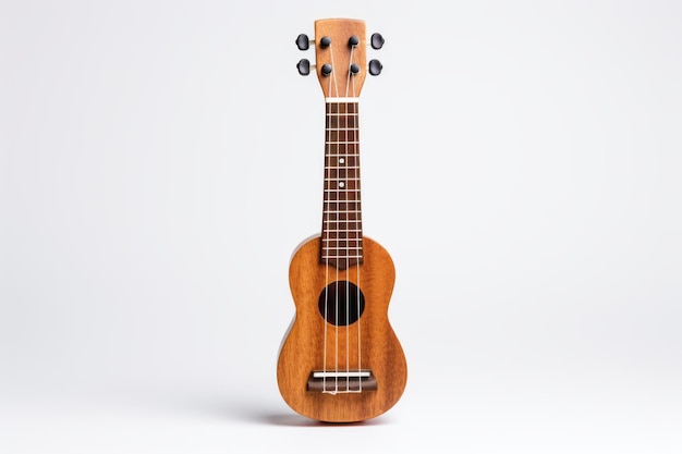 Melodische charme De betoverende kleine houten ukulele op een witte studio achtergrond