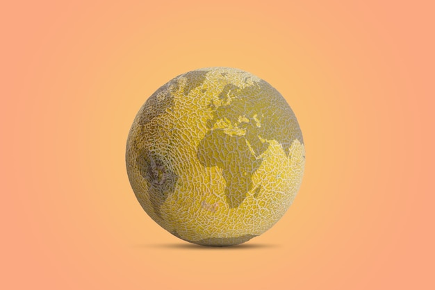 Melon as a planet earth Map of the world on the crust Conceptual creative composition on pastel backgrounds