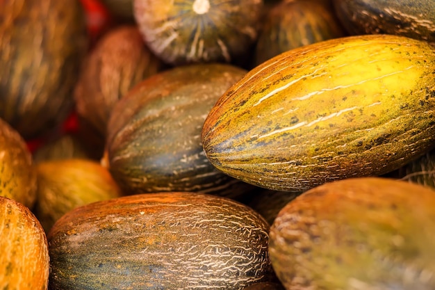 Sfondo di melone su uno scaffale nel mercato cibo biologico del contadino close up