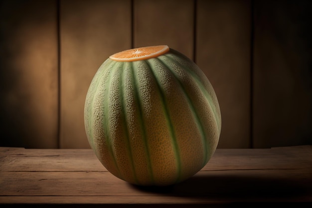 A melon cantaloupe on a wooden table