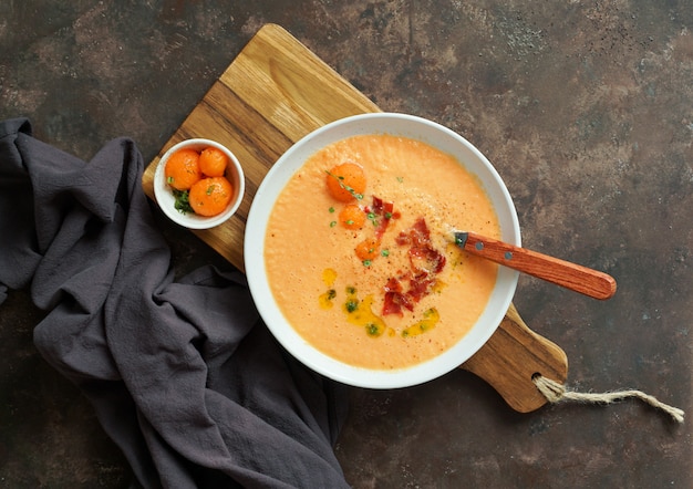 Melon cold soup, with jamon, typical spanish