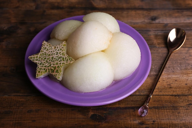 Melon in plate on wooden background