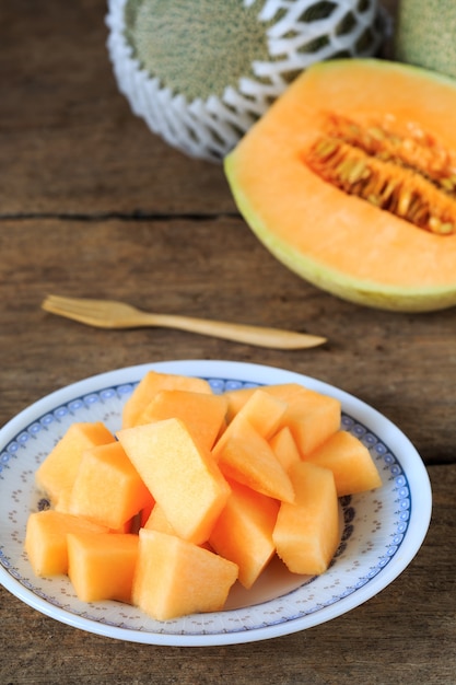 melon on wooden table