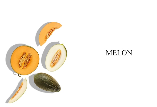 Melons of different varieties whole halves and slices isolated on white with inscription melon and copy space for text images Closeup top view