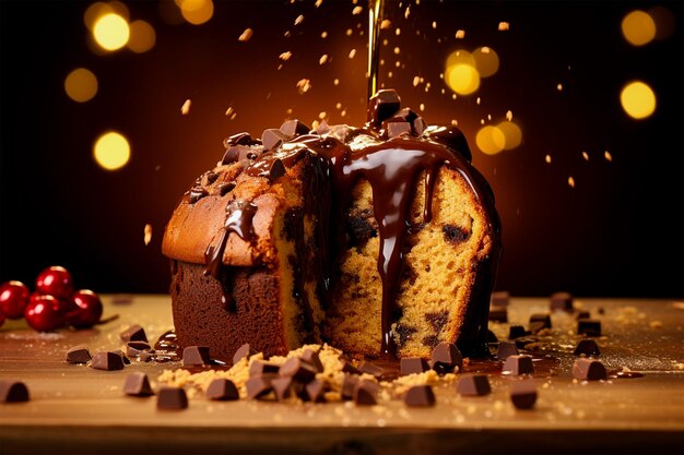 Photo melted chocolat falling gently on the top of a panettone generated ai