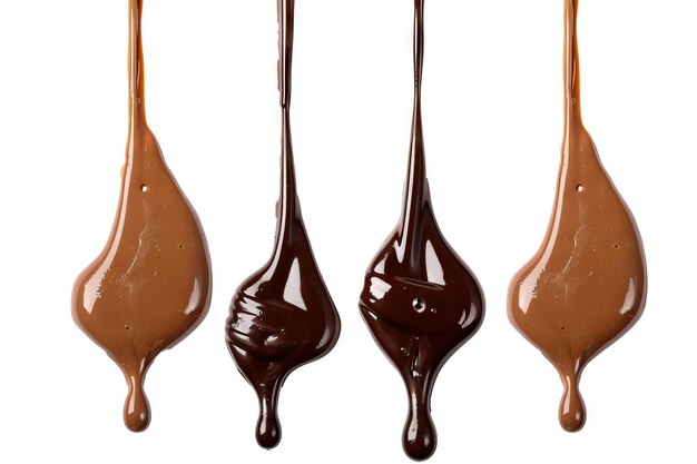 Melted chocolate dripping set on white background