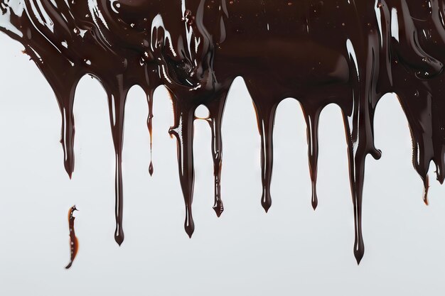 Photo melted chocolate dripping on white background