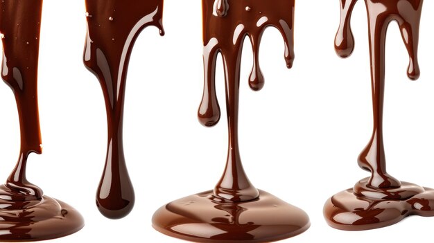 Photo melted chocolate dripping on white background